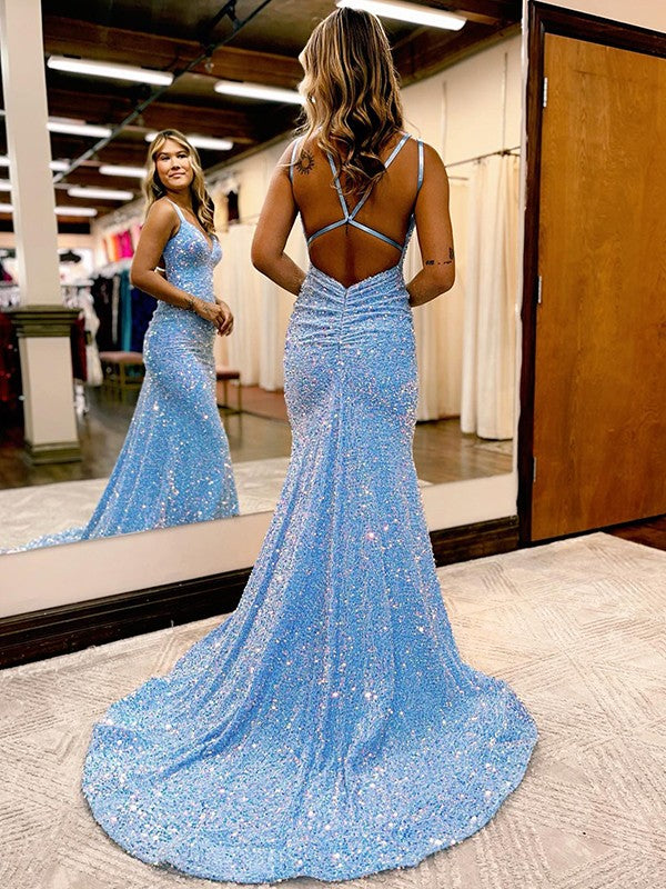 Wholesale Sheath/Column Velvet Sequins Ruched V-neck Sleeveless Sweep/Brush Train Dresses